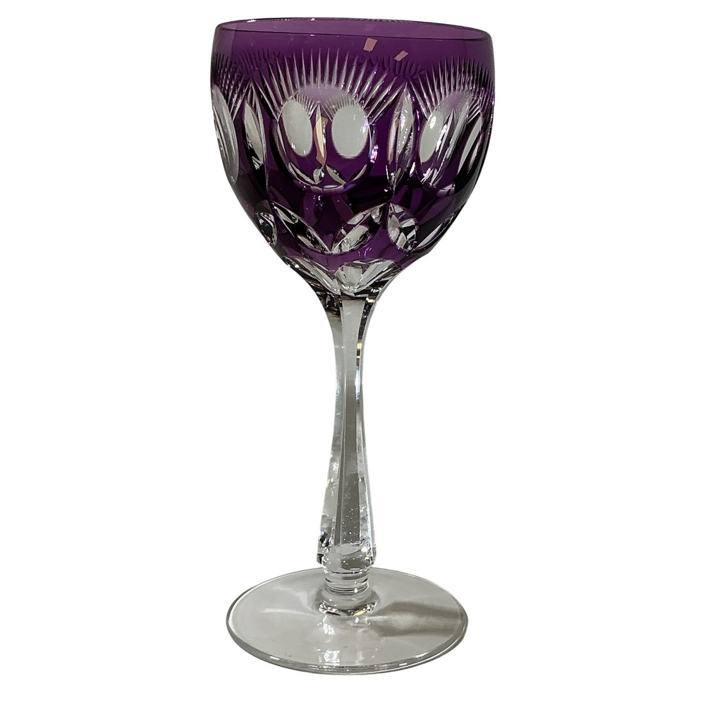 Vintage BOHO Amethyst Purple Cut to Clear Crystal Wine Goblet Faceted Stem 8.25" - Picture 3 of 11
